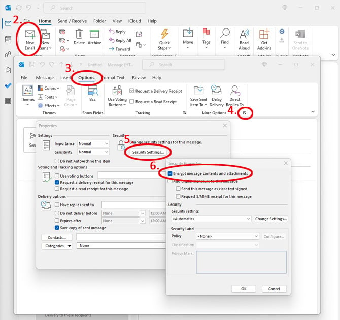 Screenshot of Outlook desktop app New Email window with options for steps 2-6 show with New Email, Options, the icon to expand More Options, Security Settings, and Encrypt message contents and attachments circled.