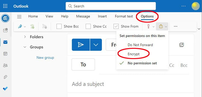 Screenshot of Outlook.com new message window showing the Options tab and Encrypt options circled in red.
