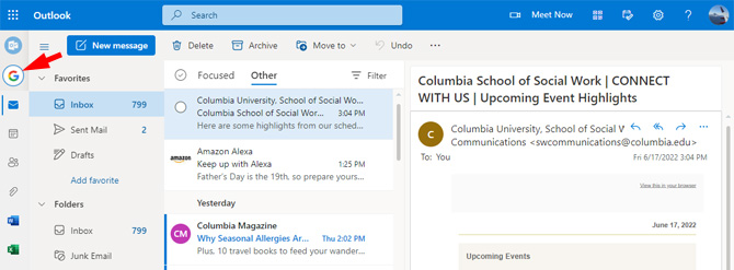 Outlook.com Gmail tab showing the email inbox. The Gmail icon is pointed out.