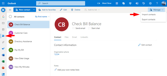 Outlook.com Mail screenshot with the People icon pointed out and the Manage menu dropdown showing Import contacts (pointed out) and Export contacts.