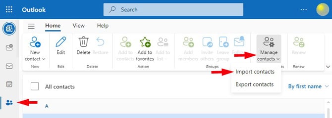 Outlook.com Mail screenshot with the People icon pointed out and the Manage contacts menu dropdown showing Import contacts (pointed out) and Export contacts.