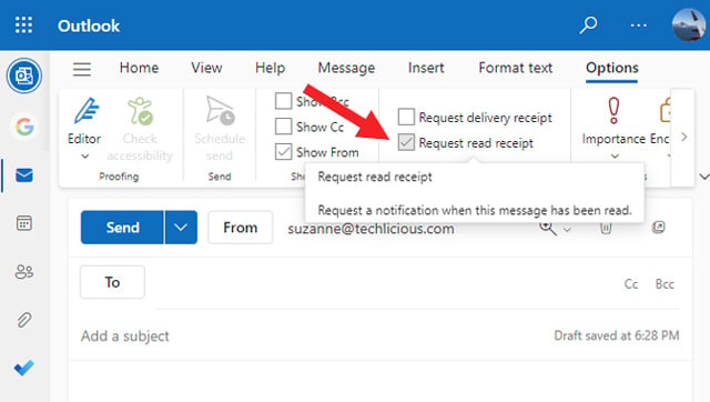 Screenshot of Outlook.com showing the Options tab and the Request read receipt box checked.