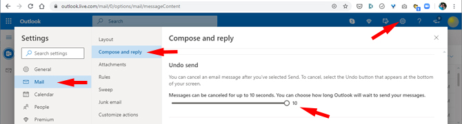 Outlook.com settings for Undo Send