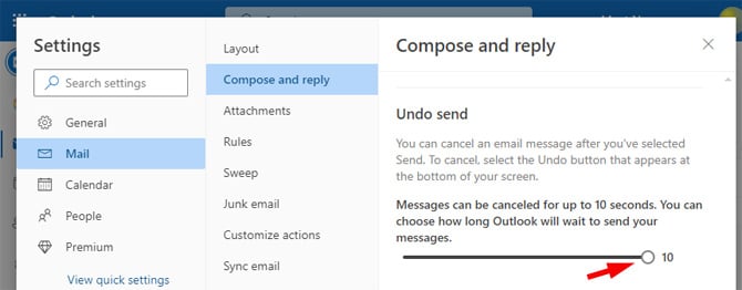 Outlook.com screenshot showing the Settings menu with Mail and Compose and reply selected. To the right is a Compose and reply box with Undo send, an explanation of what it is and slider showing a 10-second delay selected. 