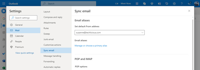 Outlook.com screenshot of Mail Settings showing the Sync email options of Set default From address, Email alianses and POP and IMAP settings.
