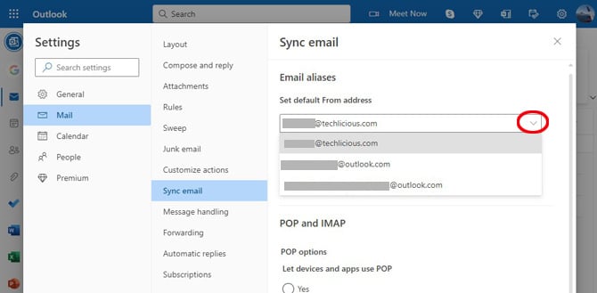 Outlook.com screenshot of Mail Settings showing the Sync email options of Set default From address (the carat circled), Email alianses and POP and IMAP settings.