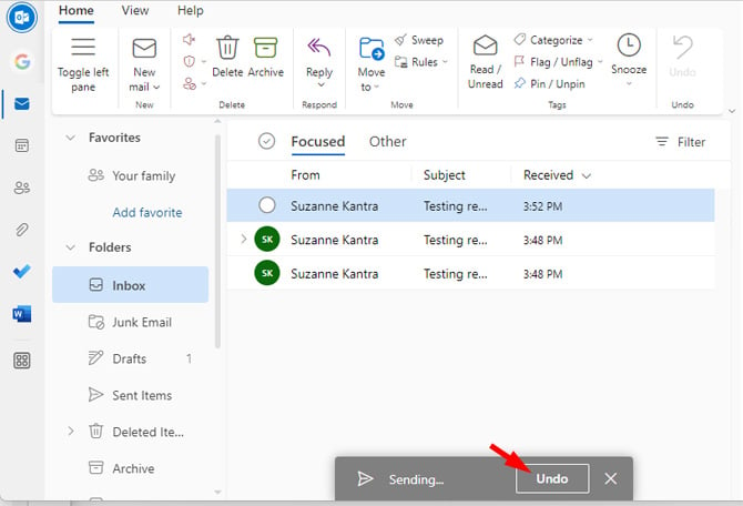 Outlook.com email main view with the first column of menu options: folders, inbox, junk email, drafts, sent items, archive, notes, birthday, conversation history, newsletters. to the right is a list of email messages. At the bottom of the message list if a dark gray box with the words sending and undo.