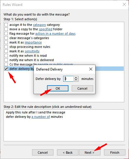 Outlook Rules Delivery pop up window. In the box entitles What do you want to do with the message? Step 1: Select actions, there is a check mark next to defer delivery. The pop up window is obscured with a Deferred Delivery box with the workds Defer delivery by 1 minutes. The 1 is in a scroll box to select the number of minutes. Below on the main Rules Wizard window is a box entitles Step 2: Edit the rule description. In the box are the words: Apply this rule after I send the message. defer delivery by a number of minutes. Below are the options Cancel, Back, Next (highlighted), Finish.   