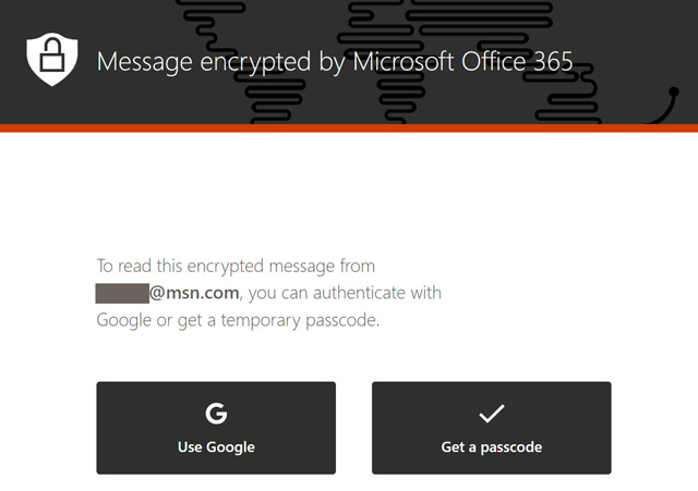 Message Encrypted by Microsoft Office 365 screenshot showing the option to authenticate with Google or receive a temporary passcode.