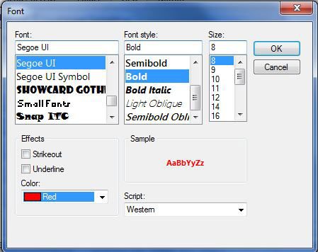 Outlook Font selection a box for the font (with font name below, Segoe UI highlighted), Font stye with options below (Bold highlighted) and Size (8 highlighted). Below are Effects you can apply including strikeout, underline and Color (Red is selected) and a box next to it entitled Sample shows how the text will appear. 