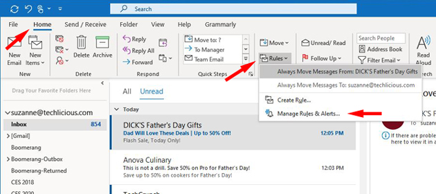 Outlook Manage Rules and Alerts