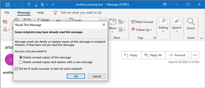 Outlook message recall 