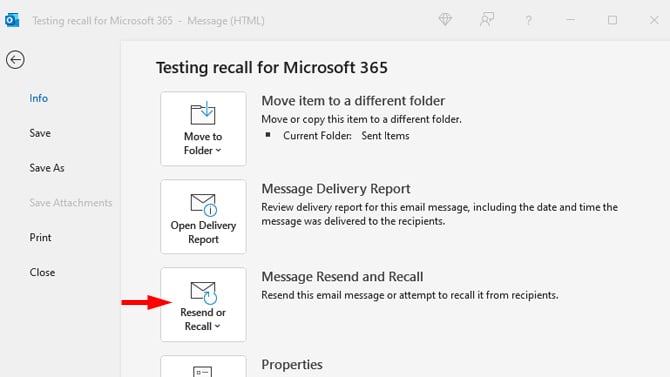 Screenshot of Outlook showing the pop-up box that shows message options - move to folder, open deliver, report, resend or recall. 
