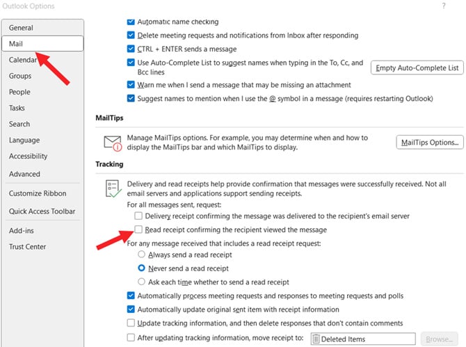 Outlook desktop app screenshot showing the options for configuring all outgoing mail. You can see the mail tab pointed out and the Tracking section with Read receipt confirming the recipient viewed the message pointed out.