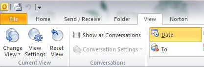 Outlook 2010 View tab selected and you see Date selected