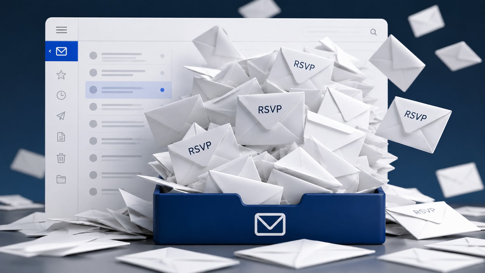 Concept image showing an email inbox overflowing with RSVP messages.