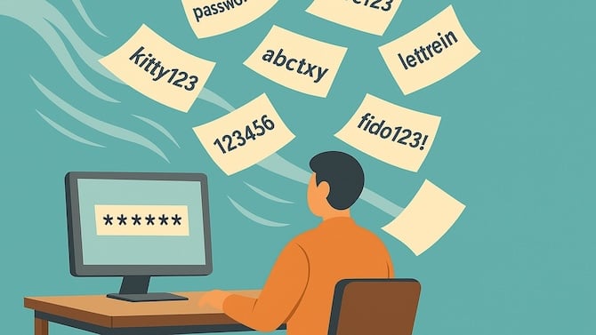 Cartoon of someone at a compute with their usernames and passwords on pieces of paper flying through the air
