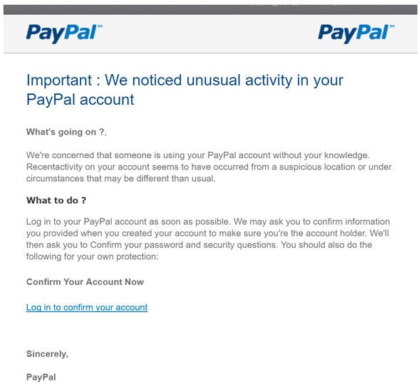 PayPal phishing email