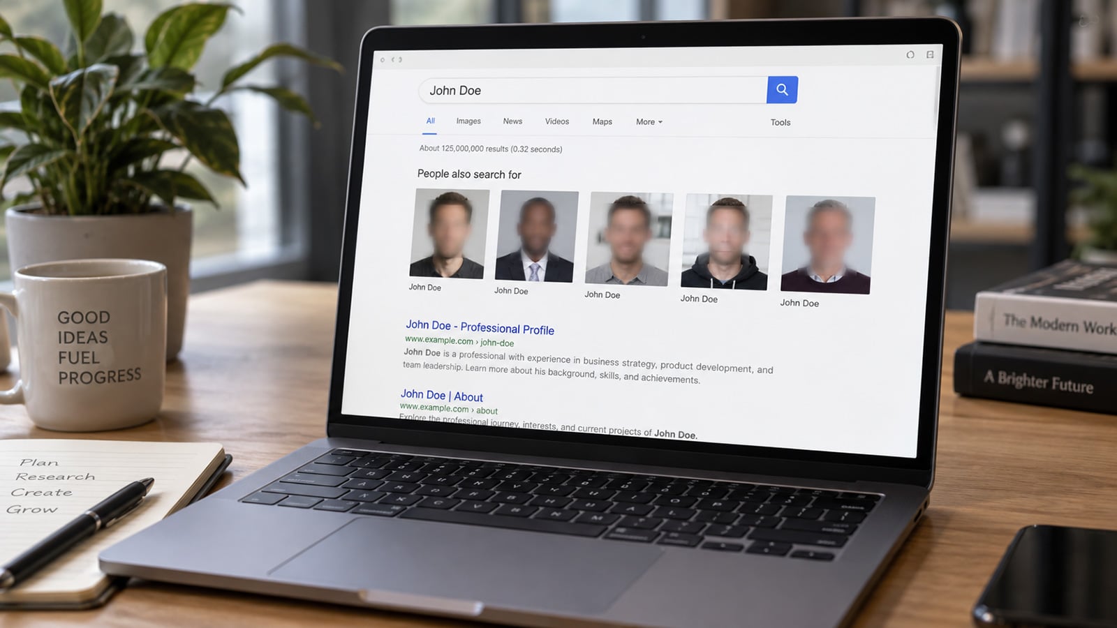 Laptop displaying search results for John Doe, with a row of blurred photos of men.