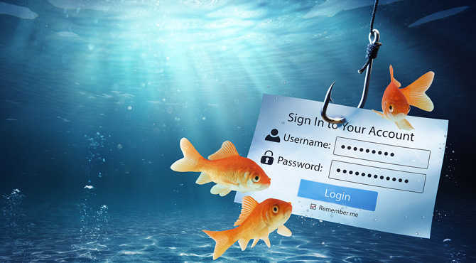 Phishing concept showing a username and password on a piece of paper attached to a hook with goldfish swimming nearby.