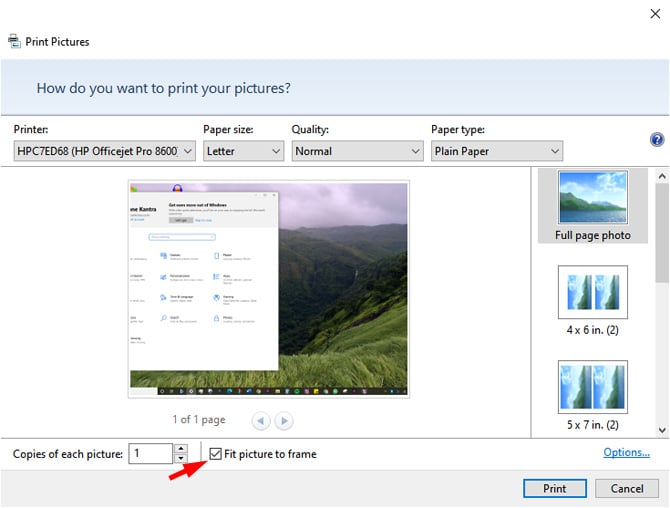 Print Pictures window with 