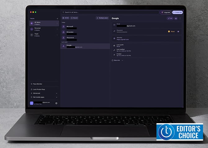 Screenshot of Proton Pass on a MacBook with Teclicious Editor's Choice award logo