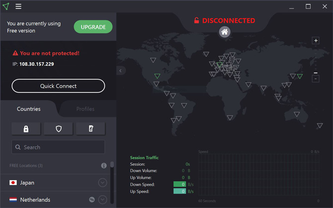 Screenshot of connection screen for ProtonVPN free showing a 