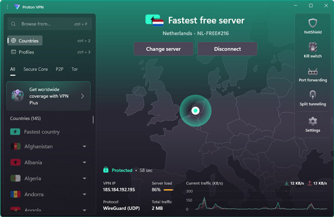 Screenshot of connection screen for ProtonVPN free showing a connection to a server in the U.S.