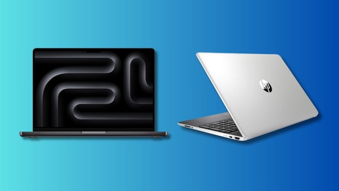 Composite image of Mac and HP laptops