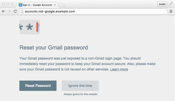 Reset your Gmail password warning screen