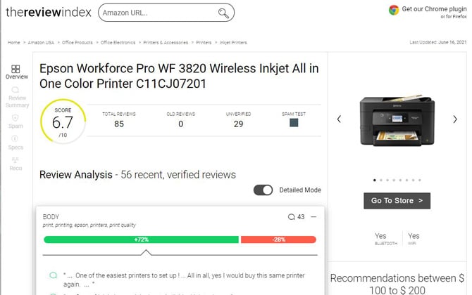 The Review Index page for Epson Workforce Pro WF 3820 all-in-one printer. Shows a review quality score of 6.7 out of 10, number of unverified reviews, and a quote from a verified review on Amazon.