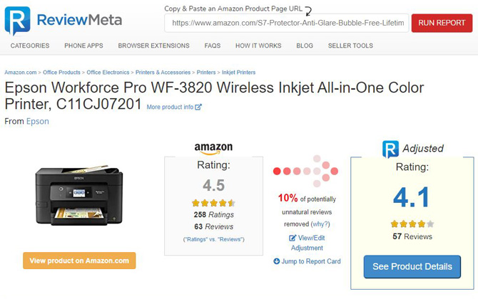 ReviewMeta page for Epson Workforce Pro WF 3820 all-in-one printer. Shows a picture of the product, an adjusted product rating lowering the score from 4.5 to 4.1 with 10 percent potentially unnatural reviews. 