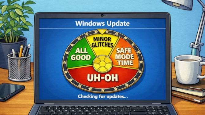 An illustration of a Windows laptop on a desk showing the Windows Update screen. The regular circular animation is replaced by a segmented wheel in the style of the wheel of fortune, with different-colored segments reading All Good, Minor Glitches, Safe Mode Time, and Uh-Oh.