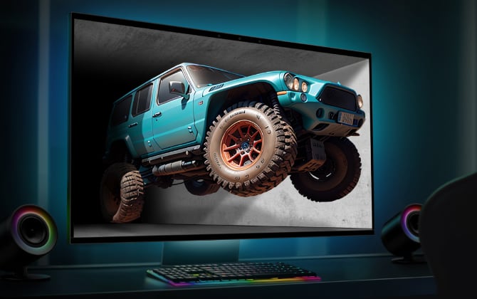 A monster truck pops out of a 3D monitor