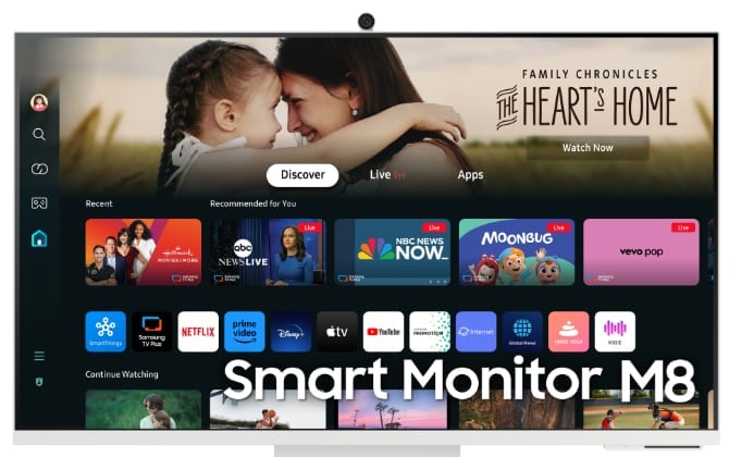 The Samsung smart monitor interface, showing rows of streaming apps