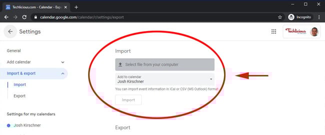 Google Calendar import file