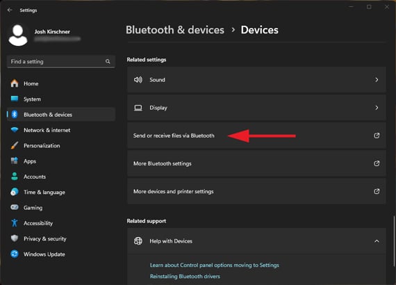Windows 11 menu showing the option to send or recieve Bluetooth files in the Related Settings section ot Bluetooth and other device settings.