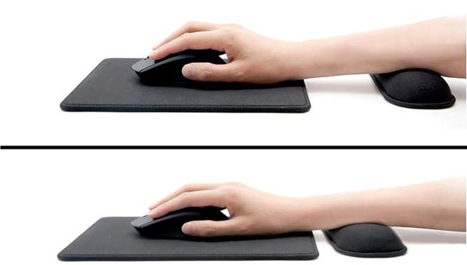 SenseAGE Enlarge mouse pad shown from the side with a hand holding a mouse twice. On top the wrist rest is a few inches from the pad and on the bottom, the wrist rest is almost touching the pad.
