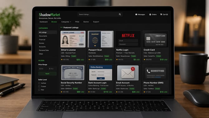 This concept image shows a dark web market with IDs, phone numbers, streaming service logins and more for sale.