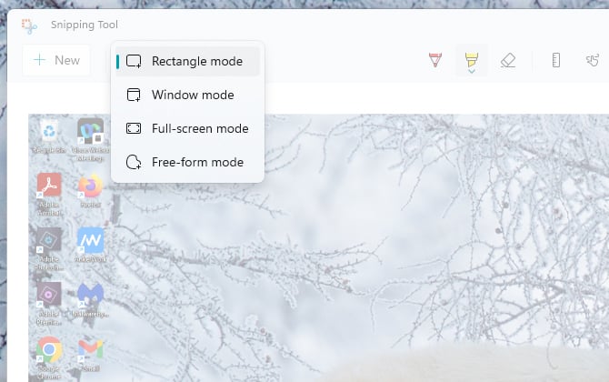 Screenshot of Windows 11 Snipping Tool showing a menu with rectangle mode, window mode, full-screen model, and free-form mode.