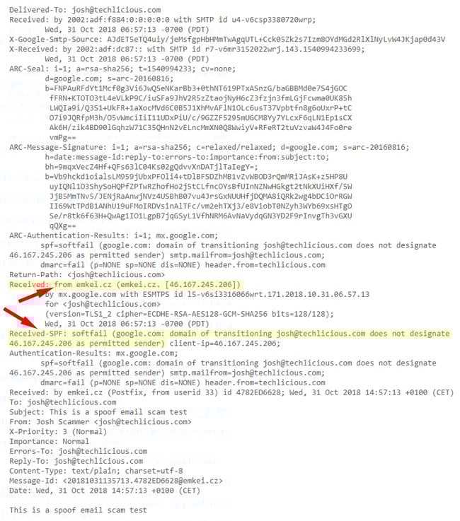 spoofed email header showing email being sent from is emkei.cz (the email spoofing site) in the email header Received field. Also pointed out is the Received-SPF showing as a softfail.  