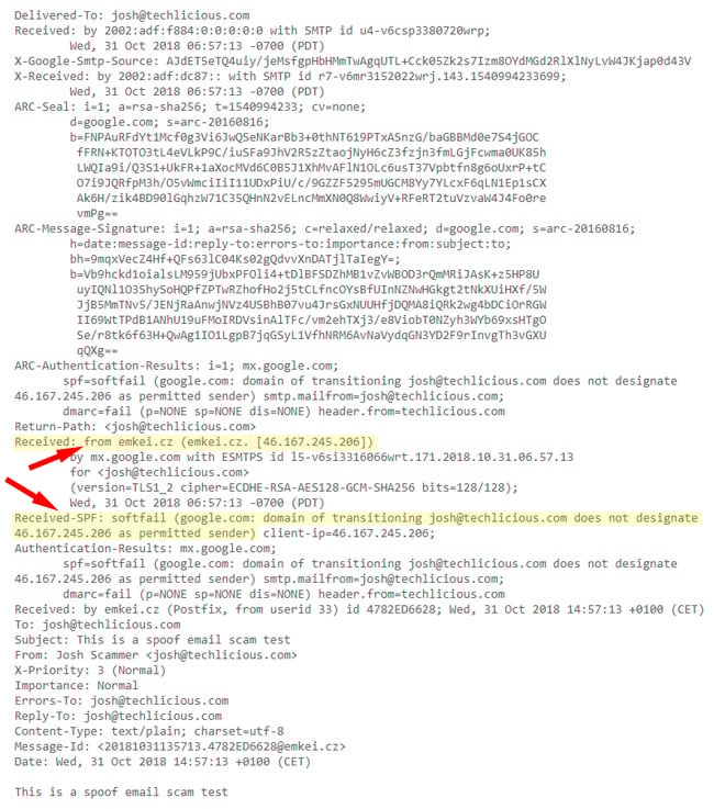 spoofed email header showing email being sent from is emkei.cz (the email spoofing site) in the email header Received field. Also pointed out is the Received-SPF showing as a softfail.  