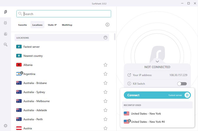Screenshot of Surfshark connection screen showing a connection to a New York service and showing options to connect for other locations with a list of countries in the upper left as well as options for lists of favorite, static IP, and MultiHop locations.