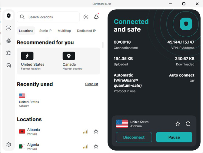Screenshot of Surfshark connection screen showing a connection to a New York service and showing options to connect for other locations with a list of countries in the upper left as well as options for lists of favorite, static IP, and MultiHop locations.