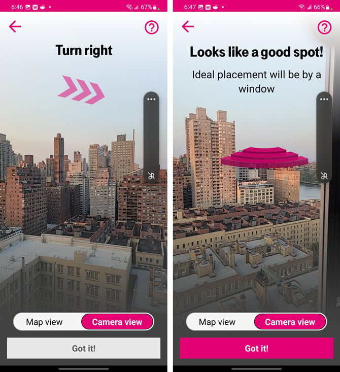 Two screenshots of the T-Mobile app. The screenshot on the left shows the view outside a window in New York City with the words turn right and an arrow indicating the direction. The screenshot on the right shows a slightly different view out the window with the words looks like a good spot. Ideal placement will be by a window. 