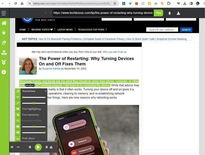 Screenshot of the Talkify Web Reader reading a webpages