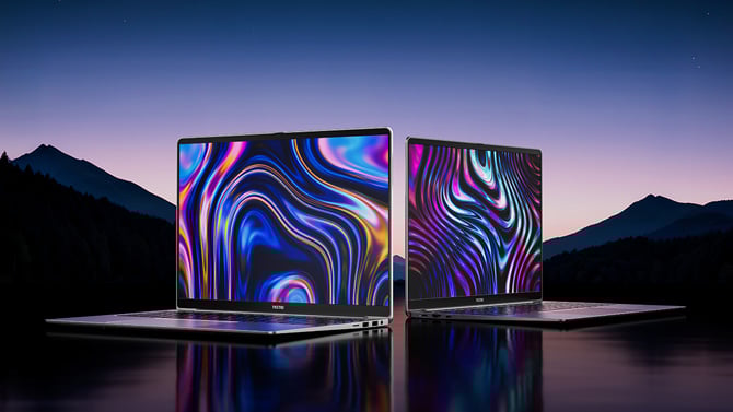 Two Tecno Megabook S16 laptops shows from different sides