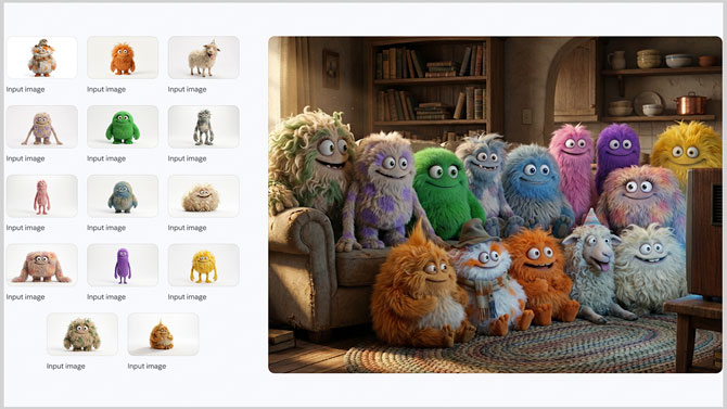 Google Gemini Nano Banana interface shows input of creature images and a composite of them watching TV