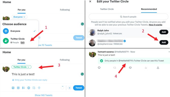 Four screenshots of Twitter in a browser window. From the top left and moving clockwise: In image one you see a closeup of Choose your audience with the Twitter Circle Edit link pointed out. In image two, you see  a liste of recommended people with the Add button point out. In image three you see Twitter Circle as selected for a tweet. In image four you see the text pointed out that says - Only people in the user's Twitter Circle can see this Tweet. 