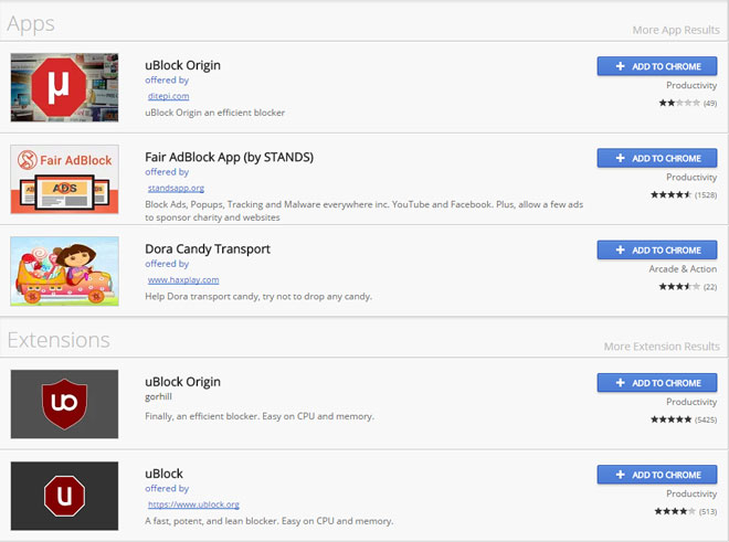 Chrome Web Store ublock Results